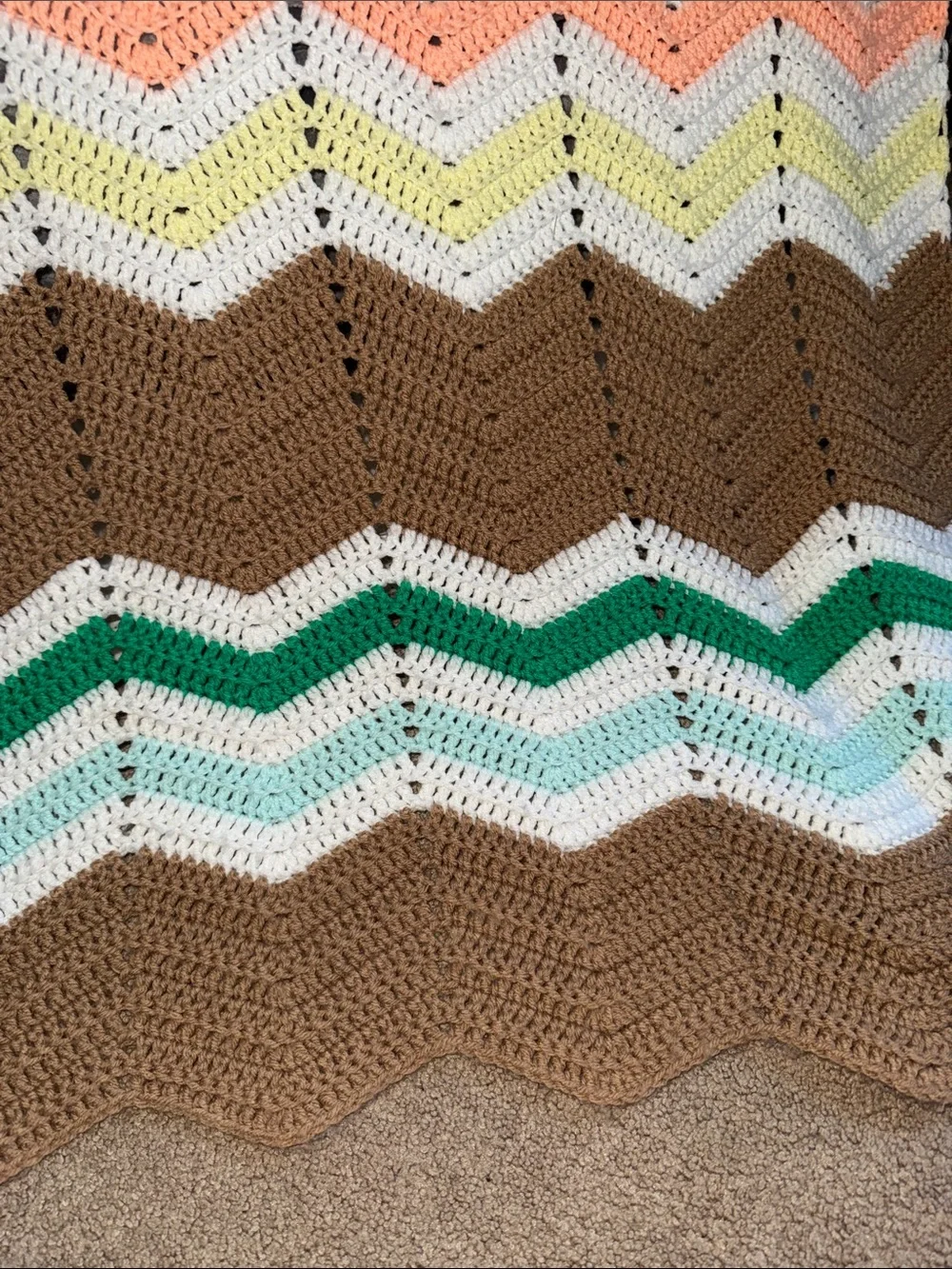 Hand Crafted Chevron Crochet Throw Blanket in Brown, White, Green, Peach, Yellow